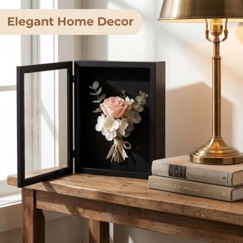 8.5x11 Magnetic Front-Open Shadow Box Frame with Real Glass, Memory Display Case for Dried Flowers, Keepsakes, Photos, Certificates, Wall or Tabletop Decor, Black