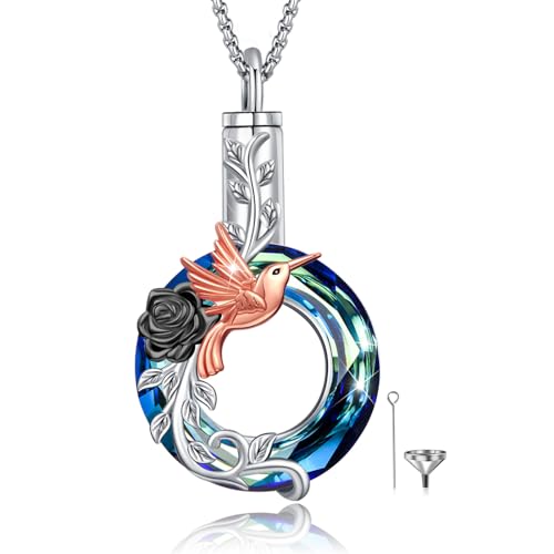 Cremation Jewelry 925 Sterling Silver Urn Necklace for Ashes for Women Men Memorial Pendant for Human Ashes Keepsake Put in Ashes of Loved Ones Cat Pet - color: A4-Hummingbird Black Rose