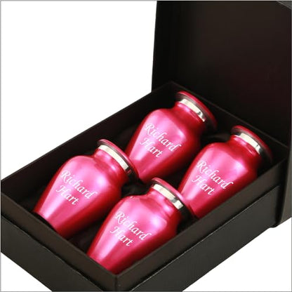 The Loving Memorial Small Keepsake Urns for Human Ashes Set of 4 - Mini Cremation Urns with Velvet Pouches and Gift Box - Pink Rose Engraved Sharing Memorial Urns