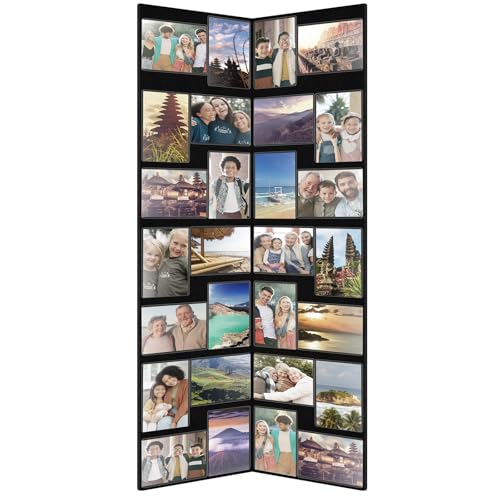 Qunclay Floor Standing Collage Photo Frame Decorative 32 Openings 3.6 x 5 Inch Hinged Folding Partition Screen Style Picture Frame Black Felt Multiple Collage Photo Display Board for Wall Corner