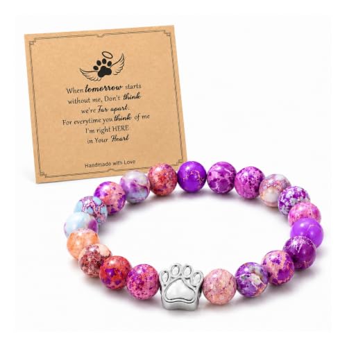 Imperial Purple Stone Bead Pet Memorial Bracelet | 2-Piece Gift | Silver Paw Print Charm | Rainbow Bridge Poem Card | Wearable Keepsake | Dog Mom Cat Mom Sympathy Bereavement Gift