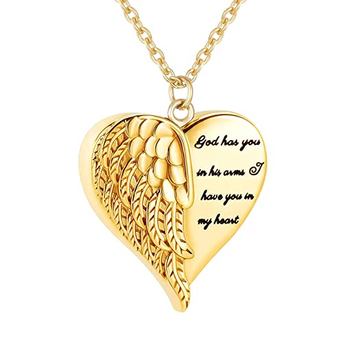 Angel Wing Heart Urn Necklace for Ashes Keepsake Pendant Memorial Locket Ash Holder Cremation Jewelry for Men Women - color: Gold