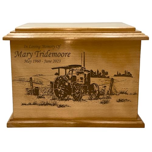 Wooden Urn for Human Ashes, Large Funeral Cremation Urn with Personlaization and Multiple Designs (Old Tractor)