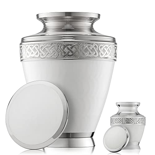 Reminded Set of 5 Etched Celtic Cremation Urns for Human Ashes - 1 Brass Adult + 4 Keepsake, White - color: White