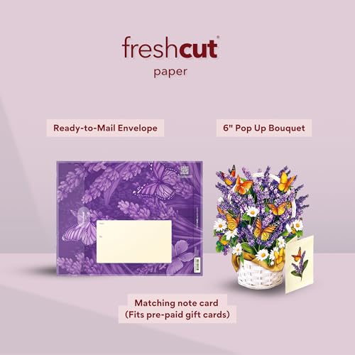 Freshcut Paper Pop Up Cards, Mini Lavender & Butterflies, 6 Inch Life Sized Forever Flower Bouquet 3D Popup Greeting Card, Birthday Cards, Thank You Card, Blank Notecard & Envelope (Pack of 3) - color: Lavender & Butterflies, size: 6 inches (Pack of 3)