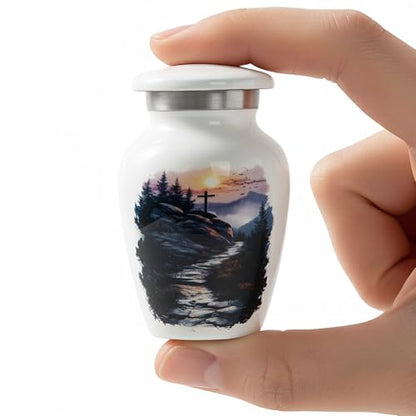 Mini Keepsake Urn for Human Ashes – Small Christian Cross Memorial Urn – Decorative Metal Funeral Keepsake for Family Remembrance