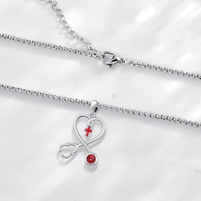 Angel Wings Necklace 925 Sterling Silver Guardian Angel Nurse RN Caduceus Pendant Charm Crystal Angel Jewelry Gifts for Women - style: H-Stethoscope-01-Jan.-Garnet