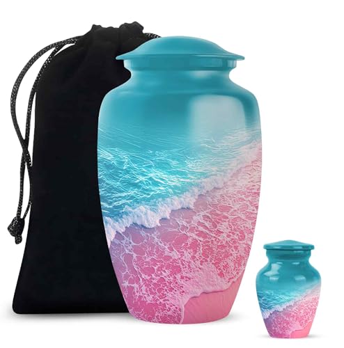 Yatskia Blue and Pink Beach Large Urns for Human Ashes Adult Man, Small Urn for Ashes for Women, (Classic 10 Inch and 3 Inch) - color: #1 Pink, size: Combo Pack of 2