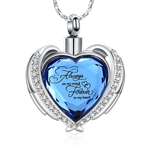 Imrsanl Cremation Jewelry for Ashes Pendant - Crystal Heart Urn Necklace with Mini Keepsake Urn Memorial Ash Jewelry - color: Always Blue