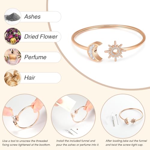 Oinsi Sun Moon Crescent Cuff Urn Bracelet Mental Bangle for Ashes Keepsake Opening Bracelet for Women and Men Urn to Hold Ashes for Love one - color: Rose Gold