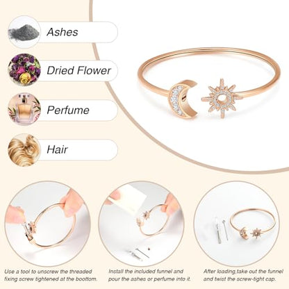 Oinsi Sun Moon Crescent Cuff Urn Bracelet Mental Bangle for Ashes Keepsake Opening Bracelet for Women and Men Urn to Hold Ashes for Love one - color: Rose Gold