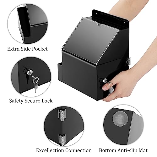 BTSKY Acrylic Suggestion Box with Lock & 5"x7" Sign Slot, Side-Pocket,Black | Wall Mounted Donation Box Office Ballot Boxes Collection Comment Boxes for Voting Fundraising, Locking Suggestion Mailbox