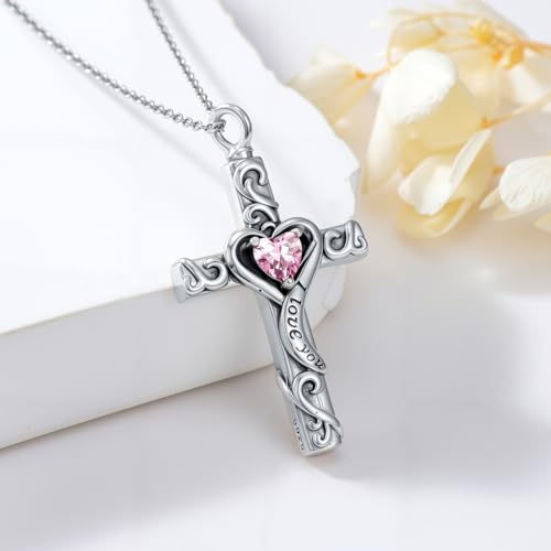 TOUPOP Cross Urn Necklaces for Ashes Birthstone Cremation Jewelry 925 Sterling Silver Cross Memorial Keepsake Jewelry for Women (with Funnel Filler) - color: 10-October-Pink Tourmaline