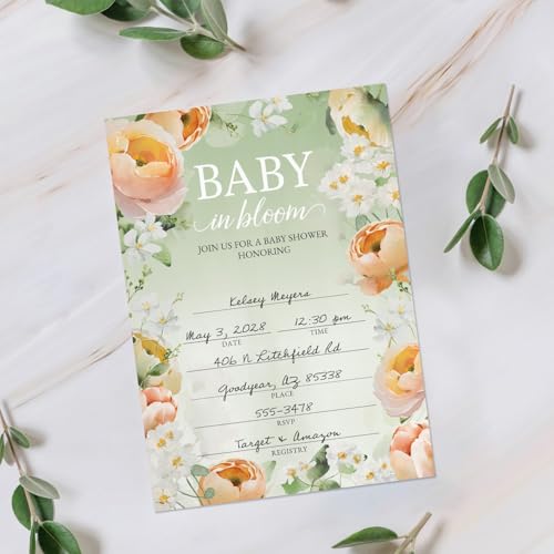 Canopy Street Baby In Bloom Baby Shower Invitations / 25 Floral Gender Neutral Baby Shower Invites With White Envelopes / 5" x 7" Flat Fill In Gender Reveal Invitation Cards/Made In The USA - color: Baby in Bloom