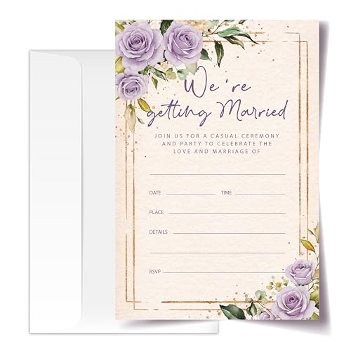 Floral Wedding Invitation Cards with Envelopes, 20 Sets Purple Rose Wedding Invites, Eucalyptus Greenery Bridal Shower Engagement Announcement 4x6 Inch We're Getting Married Invitations (213) - color: Purple Rose