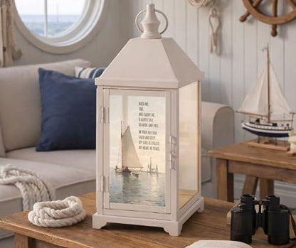 Magnolia Garden 14 Inch White Metal Traditional Lantern – LED Candle Home Decor – “Rock Me, Tide, and Carry Me o Gentle Sea, So Wide - size: 5.25 x 5.25 x 14, style: Sailboat Rock Me Tide