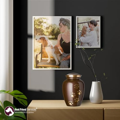 Ottillie Legacy Brown/Brass/Vert Urn, up to 65lbs - color: Harvest Brown, Vertical Brass Paws, size: Medium