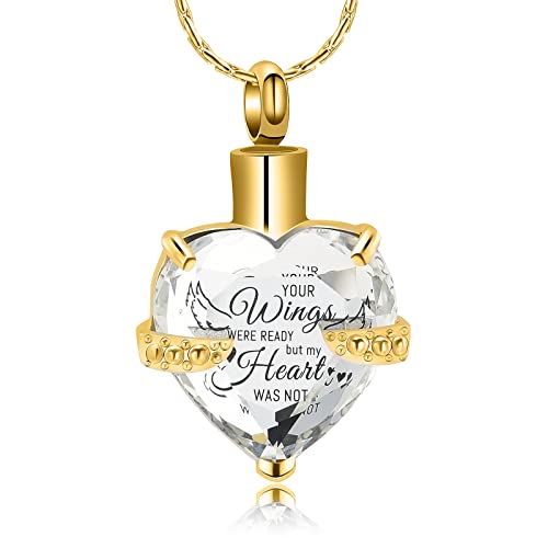 constantlife Crystal Heart Shape Cremation Jewelry Memorial Urn Necklace for Ashes, Stainless Steel Ash Holder Pendant Keepsake with Gift Box Charms Accessories for Women - color: Wing-Gold+White