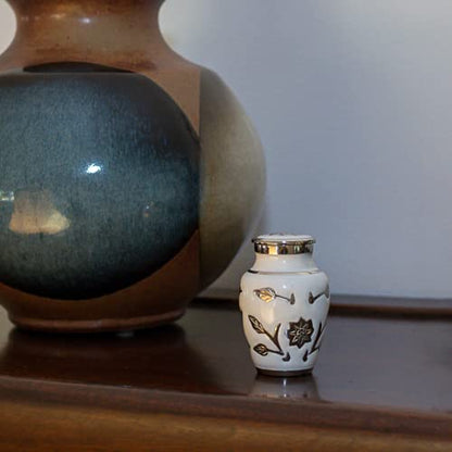 Grace White Keepsake Cremation Urn for Ashes, Brass, White and Silver Urn, Keepsake Sized Cremation Urn, 3 Inches High