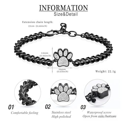 zeqingjw Urn Bracelet for Pets Ashes Pet Cremation Jewelry Stainless Steel Paw Print Pet Memorial Bracelet Pet/Dog's/Cat's Ashes Keepsake for Women Men - color: Black