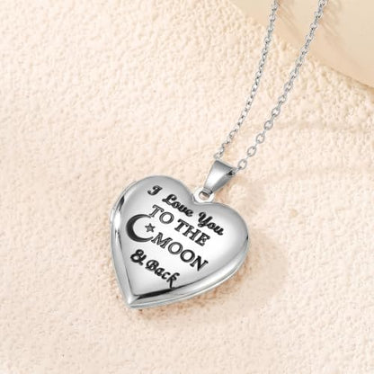 PHOCKSIN Personalized Locket Necklace for Women Photo Necklace with Customized Picture Birth Flower Birthstone Customizable Birthday Gifts - color: #17 Heart Silver Moon&back