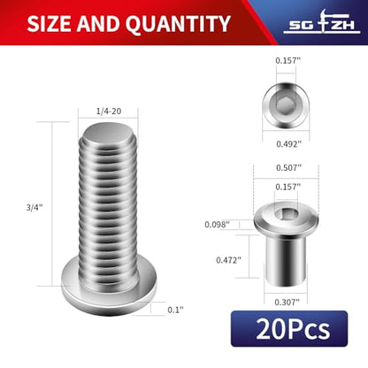1/4-20 x 3/4" 20Pcs Flat Head Hex Socket Cap Screws Bolts Barrel Nuts Kit, 304 Stainless Steel 18-8, Full Thread by SG TZH (with Hex Spanner) - color: Silver, size: 1/4-20 x 3/4"