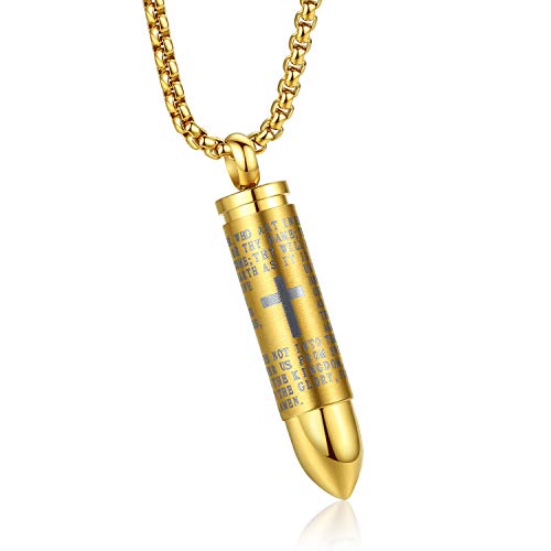 Mens Urn Necklace For Ashes Bullet Shape Cross Cremation Urn Jewelry - color: Gold Tone