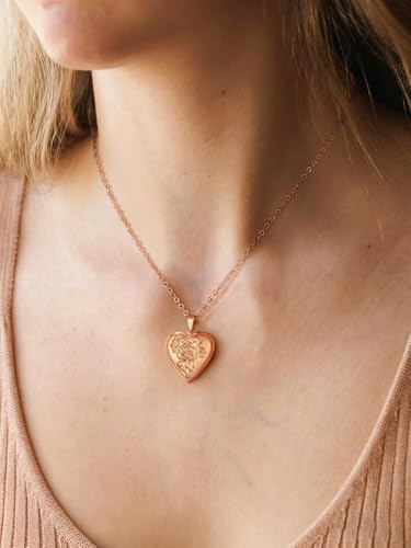 FindChic Locket Necklace for Women Custom Photo Memorial Gifts Multi-Shaped - color: Rose-Embossed Heart