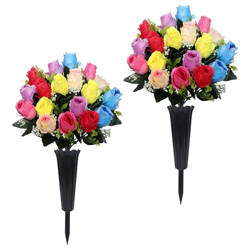 Lodou Set of 2 Artificial Cemetery Flowers, Memorial Flowers Bouquet,Grave Memorial Flowers with Vase for Cemetery Headstones Decoration (Color) - color: Color