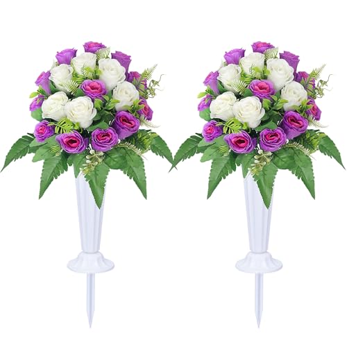 Cemetery Flowers for Grave Memorial Grave Flowers with Vases for Cemetery Grave Decoration 2sets - color: Purple