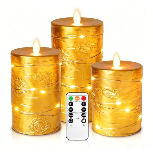 Da by 3 Pack Gold Wax Flameless Taper Candles, Realistic Flickering LED Candles with Surrounding Fairy String Lights, Soft Warm Light Battery Candles with Remote for Indoor Outdoor Decor - color: Golden#3*1