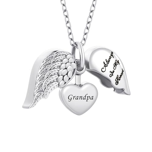 Angel Wing Heart Cremation Jewelry for Ashes Pendant Urn Necklace with Mini Keepsake Urn Memorial Ashes Jewelry for Women Men - color: Silver-Grandpa