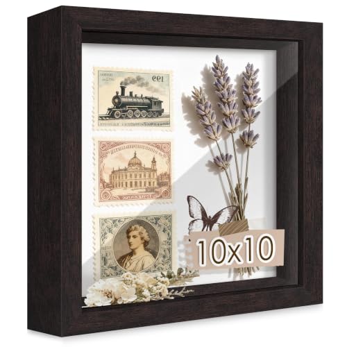 10x10 Brown Wooden Shadow Box Frame, 1.2" Deep, Tempered Glass | Black Backboard, Tabletop & Vertical/Horizontal Wall Display, Memorabilia Display, Wedding/Baby Keepsakes & Crafts - color: Brown, size: 10x10