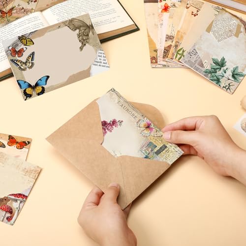 Motiskyy 100 Pcs Nature Vintage Design Blank Greeting Cards 4x6, Rustic Butterfly Blank Cards, 10 Designs, Great Stationary Set for All Occasions with Matching Rustic Envelopes and Stickers - style: Rustic