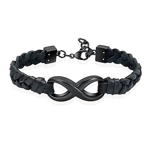 Infinity Cremation Bracelet for Ashes Genuine Leather Memorial Urn Bangle for Human Stainless Steel Keepsake Bracelet Jewelry for Women Men - color: Black-Black