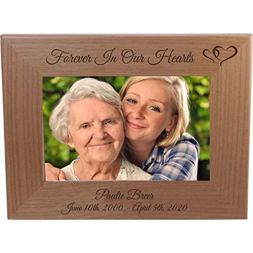 Forever In Our Hearts - Customized Laser Engraved Natural Alder Wood Memories Rest In Peace Personalized Picture Wooden Photo Hanging/Tabletop Custom Memorial Remembrance Frame (4x6-inch Horizontal) - size: 4x6-inch Horizontal
