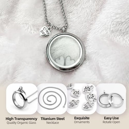 Cat Fur Keepsake Necklace, Ashes Hair Memory Urn with Charm, Glass Circle Memorial Pendant Necklace, Pet Cremation Memorial Jewelry for Women Men, Vial Necklace for Ashes