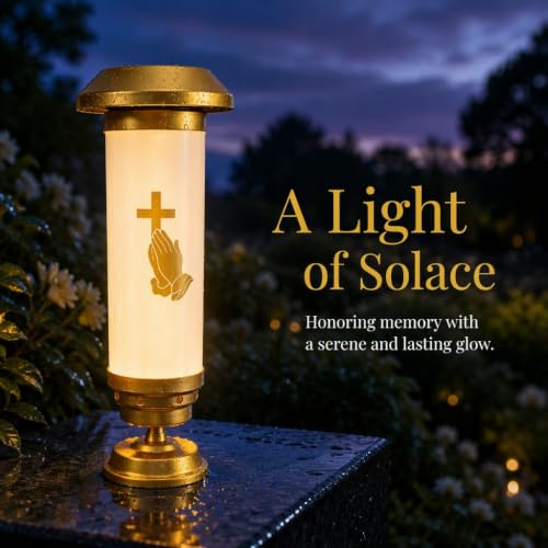 Praying Hands Solar Cross for Cemetery Grave, White & Gold Anodized Aluminum IP65 Waterproof Memorial Light with Ground Stake, Christian Cemetery Decor for Headstone