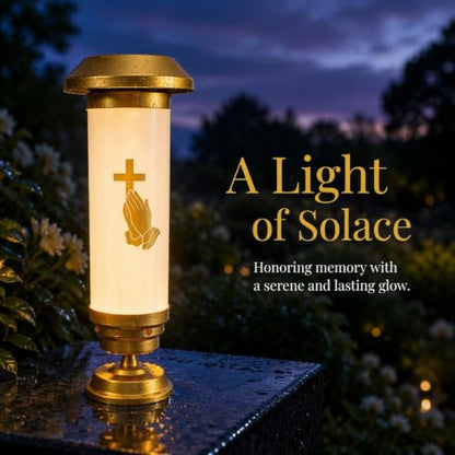 Praying Hands Solar Cross for Cemetery Grave, White & Gold Anodized Aluminum IP65 Waterproof Memorial Light with Ground Stake, Christian Cemetery Decor for Headstone