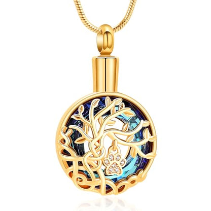 zeqingjw Pet Cremation Jewelry Tree of Life Urn Necklace for Ashes for Dog/Cat Funeral Ashes Keepsake Paw Print Urn Pendant Memorial Jewellery - color: Gold-Blue
