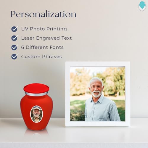 Embrace Keepsake Personalized Picture Cremation Urns for Human Ashes I Bright Red Photo Funeral Urn for Men and Women with Double Side Engraving I 3.5 lbs - color: Bright Red