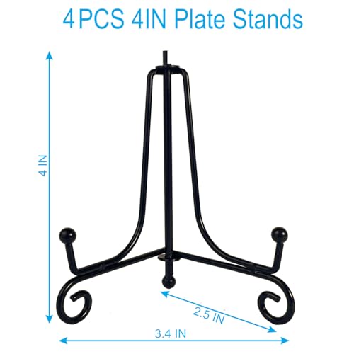 HENABLE 4PCS Premium Black Iron Plate Stands for Display 4 Inch, Decorative Solid Metal Plate Holders for Displaying, Mini Easel, Frame, Book, Card, Plaque, Bowl, Picture Stands for Display - size: 4PCS 4IN