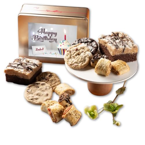 Dulcet Birthday Cookie And Rugelah Gift Tin – Assorted Fresh Baked Cookies, Rugelach & Crumb Cake in Premium Reusable Tin – Happy Birthday Food Gift Basket for Mom, Dad, Her, Him, Coworkers - color: Birthday