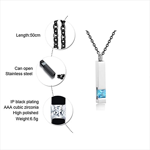 Urn Necklaces for Ashes Stainless Steel Bar Pendant Necklace Cube Memorial Ashes Necklace Crystal Cremation Urn Pendant for Men - color: Silver-bule