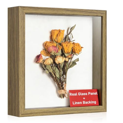 8x8 Shadow Box Frame with Ultra-Clear Glass & Soft Linen Back | With Push Pins and Stand, Deep 1.2" Brown Shadow Box Display Case – Display on Tabletop or Wall for Photo, Flower, Keepsakes - color: Brown+high Definition Panel + Shatter-proof Packaging, si