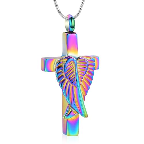 Cross Cremation Jewelry Urn Necklaces Cross Angel Wings Urn Necklaces for Ashes Memorial Keepsake Pendant for Women Men Gifts With Funnel Kit & Bag - color: Rainbow