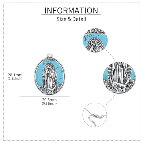 YAFEINI Virgen De Guadalupe Necklace 925 Sterling Silver Mother Mary Necklace Virgencita Jewelry Thanksgiving Day Gifts for Women - style: Turquoise
