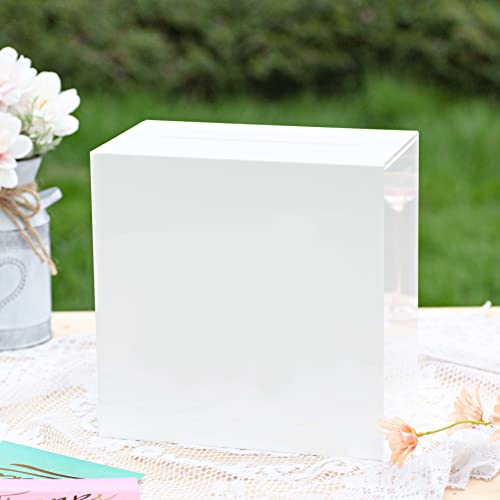 UNIQOOO White Acrylic Card Box w/Slot, Thick DIY Wedding Box Blank No Print, Large 10x10x5.5 in, for Reception Decoration Fundraiser Money Box Election Ballot Graduation Keepsake Party Favor - color: White - No Print