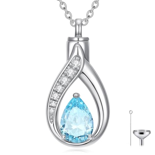 Teardrop Urn Necklace for Ashes Birthstone Keepsake Pendant Cremation Jewelry for Ashes Memorial Jewelry Gifts for Loss of a Loved One for Women - style: Mar-Aquamarine