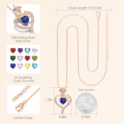 925 Sterling Silver Rose Love Heart Birthstone Necklaces for Women Jewelry | Hypoallergenic Nickel-Free & Lead-Free Pendant,Birthday Anniversary Christmas Gift for Women Wife Mom Girlfriend - color: Rose Gold-09-Sep